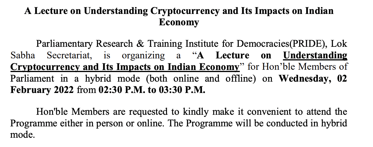 Indian parliament's agenda includes crypto training session, leaves out bill banning digital assets