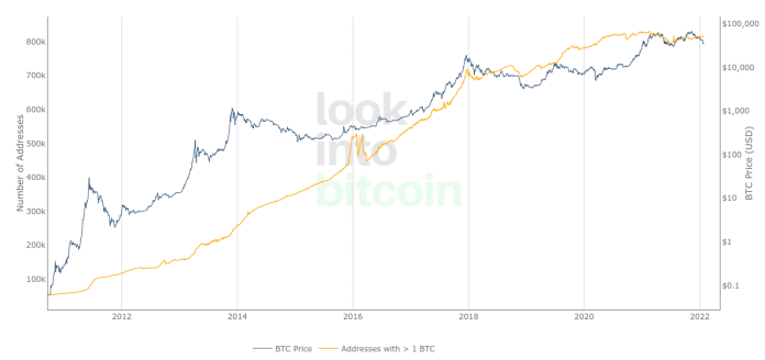 Adresy bitcoinových peňaženiek, ktoré držia aspoň 1 BTC vs. graf BTC/USD