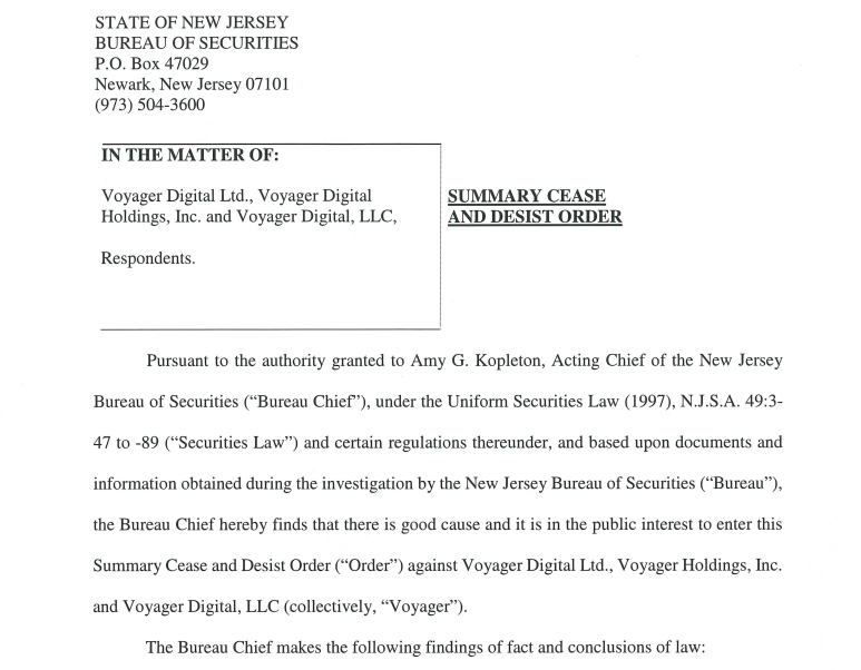 Voyager ordered by New Jersey to 'cease and desist’