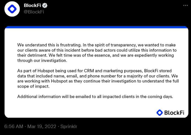 BlockFi confirms unauthorized access to client data hosted on Hubspot