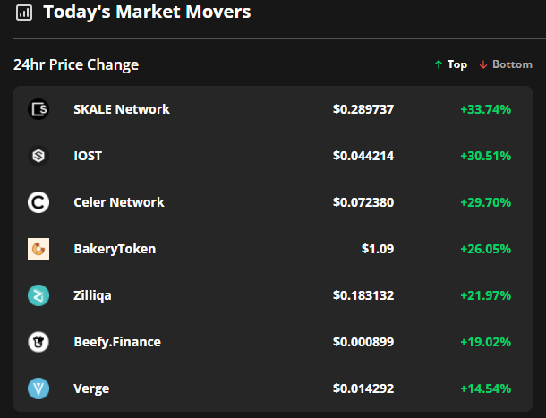 IOST, SKALE Network and CELR gain 30% as traders call for an altseason