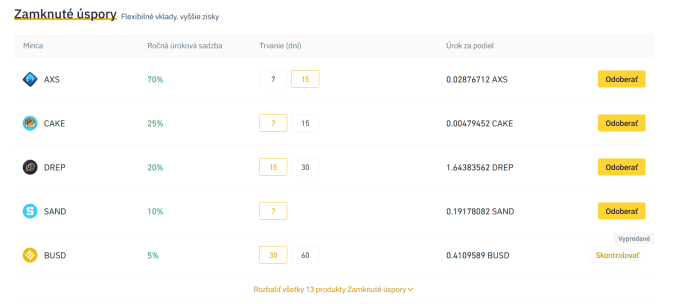 Binance: zamknuté úspory