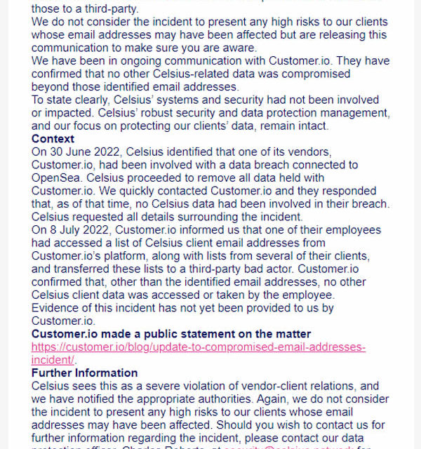 Phishing risks escalate as Celsius confirms client emails leaked