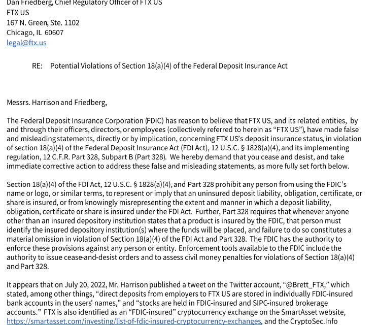 FTX US among 5 companies to receive cease and desist letters from FDIC