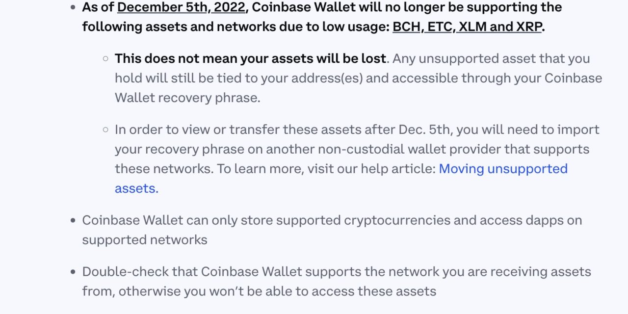 Coinbase Wallet will stop supporting BCH, ETC, XLM and XRP, citing 'low usage'