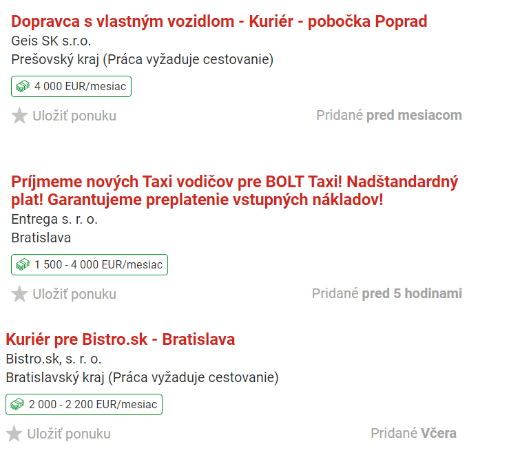Ponuky práce pre kuriérov 