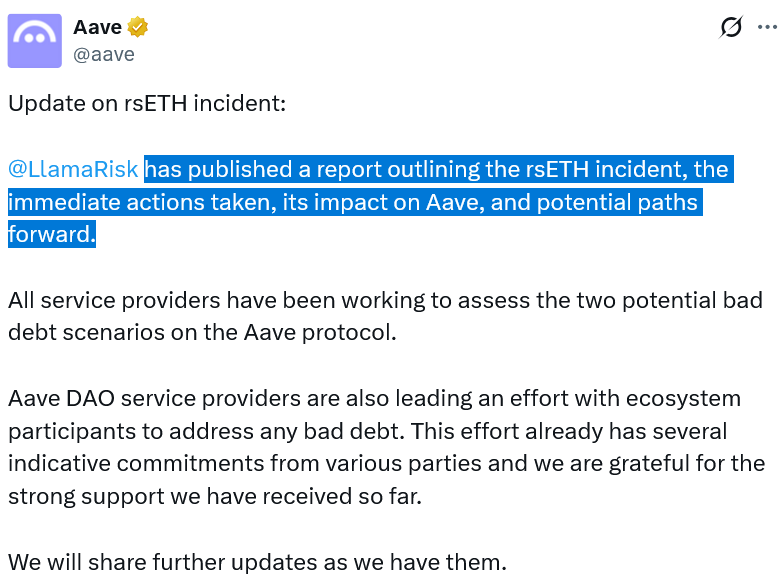 Aave risk manager models 2 bad debt scenarios from Kelp DAO exploit