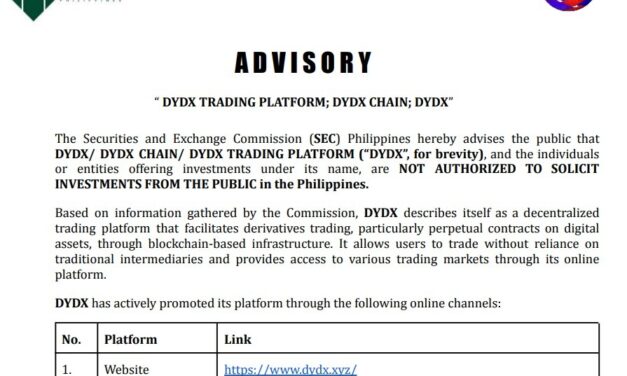 Philippines SEC warns on dYdX, six other unauthorized crypto platforms