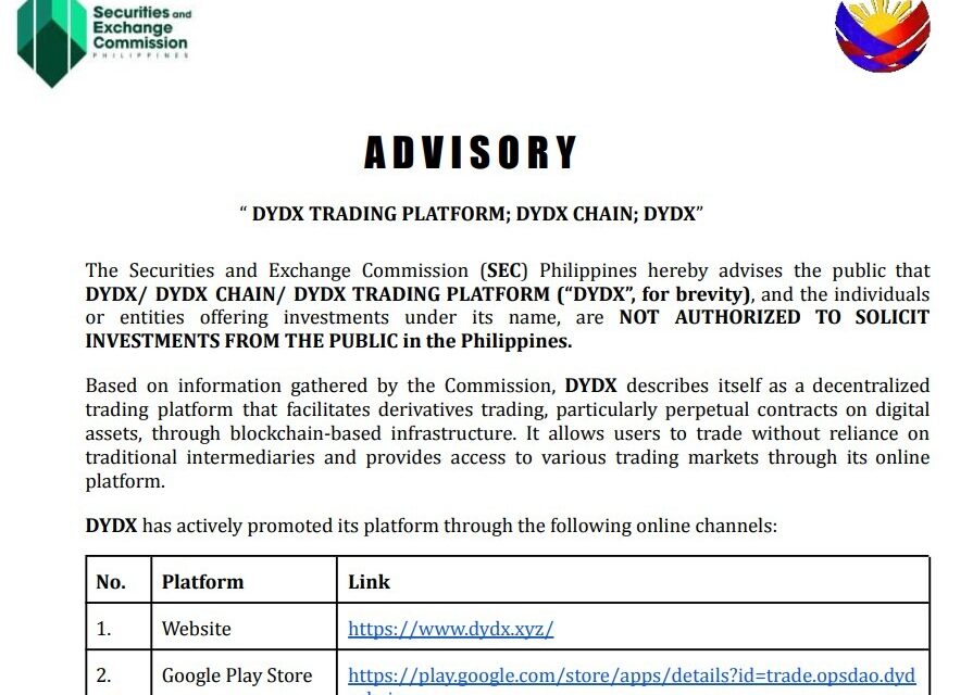 Philippines SEC warns on dYdX, six other unauthorized crypto platforms