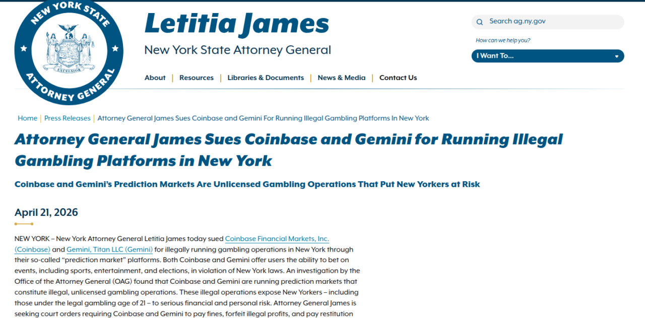 New York targets Coinbase, Gemini in fresh crackdown on prediction markets