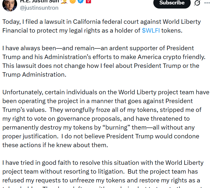 Justin Sun sues World Liberty Financial over token lockup