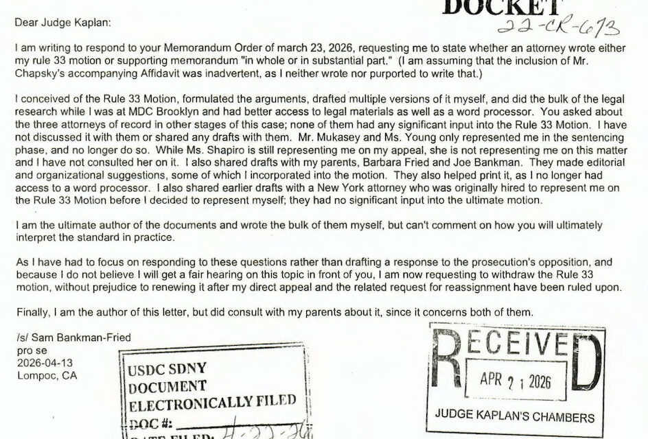 Sam Bankman-Fried pulls motion for a new trial, still asks for new judge