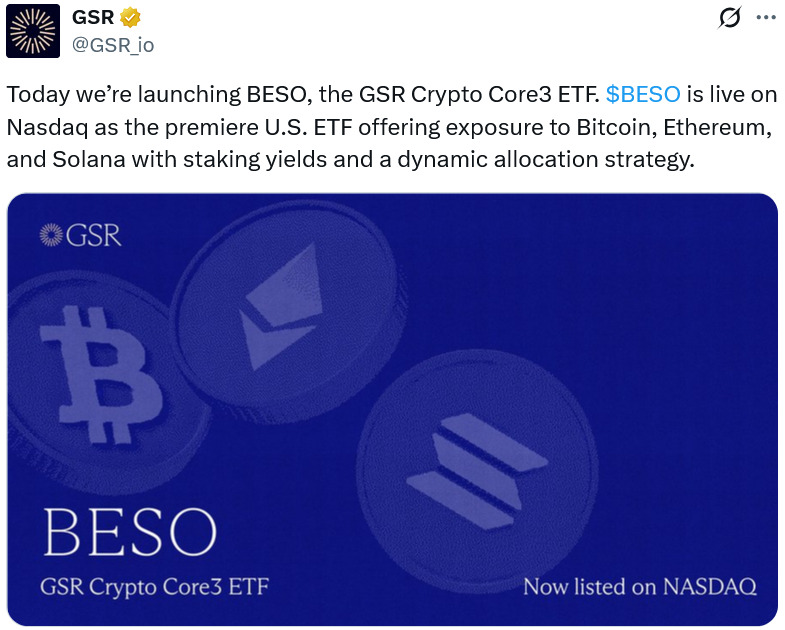 Market maker GSR launches first ETF tracking Bitcoin, Ether and Solana