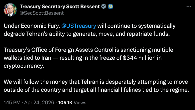 US seized $500M in Iranian crypto assets, Treasury secretary says