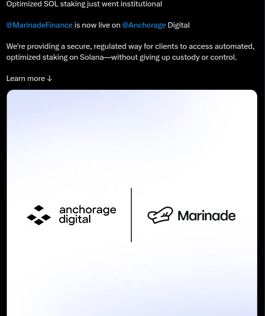 Anchorage Digital adds Marinade-powered staking strategies for Solana clients