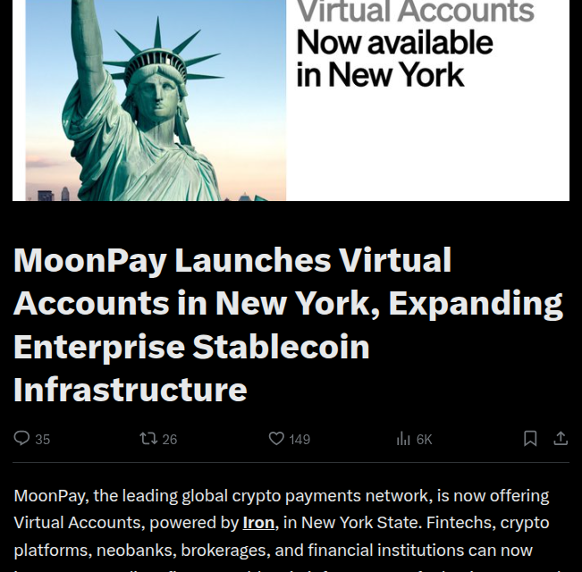 MoonPay launches fiat-to-stablecoin virtual accounts in New York
