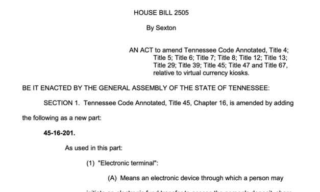 Tennessee crypto kiosk ban set to go into effect July 1
