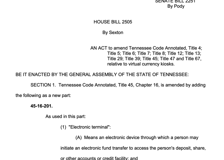 Tennessee crypto kiosk ban set to go into effect July 1