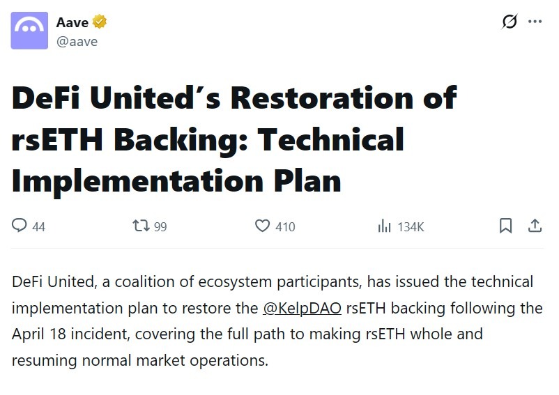 Aave-linked DeFi United unveils rsETH recovery plan after $293M Kelp exploit
