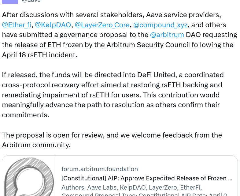 Aave asks Arbitrum to send 30K ETH from Kelp exploiter to ‘DeFi United’