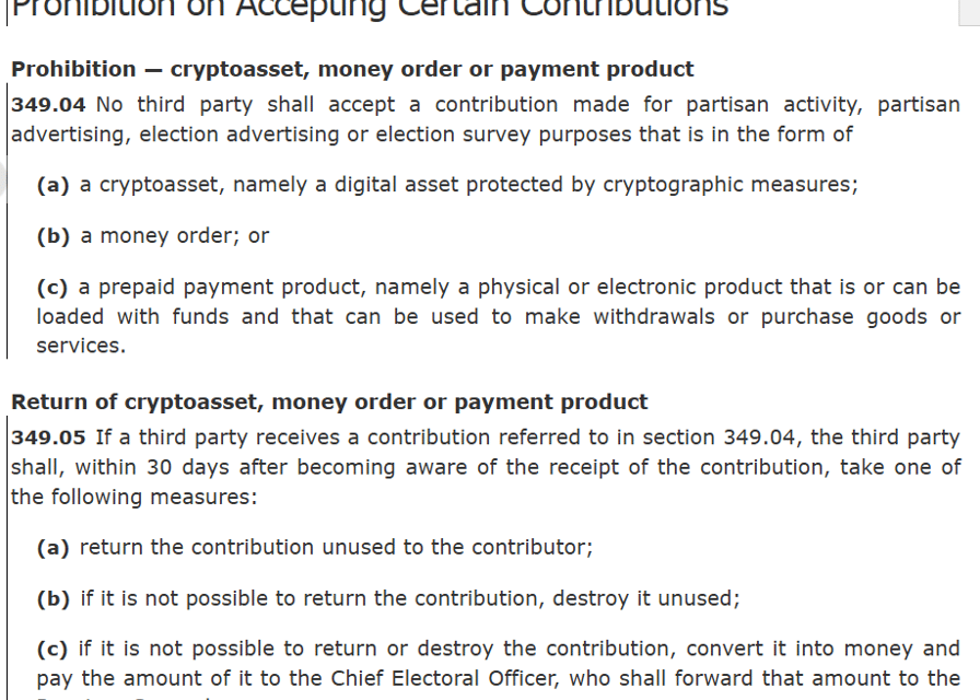 Canada advances bill to ban crypto political donations