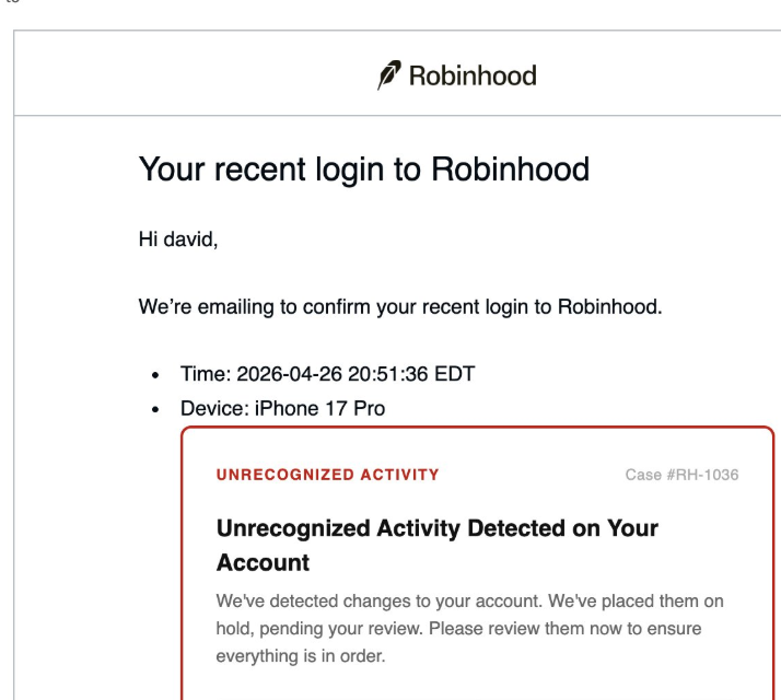 Scammers use Gmail dot alias trick to spoof Robinhood in phishing scam