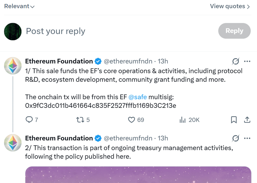 Ethereum Foundation sells another 10,000 ETH to BitMine in third OTC deal