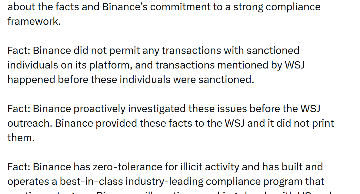 Binance denies new WSJ report alleging $850M in Iran-linked transactions