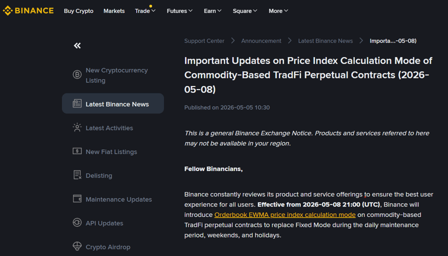 Binance changes weekend pricing for commodity TradFi futures