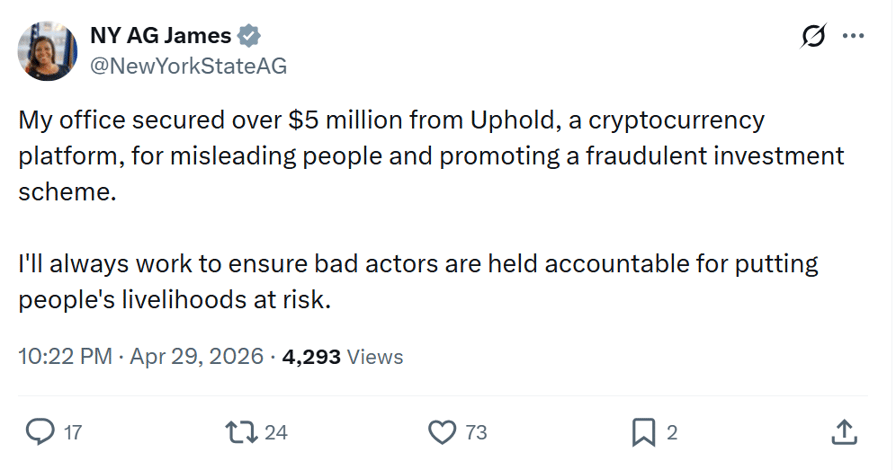New York forces Uphold to pay $5M over fraudulent crypto investment scheme