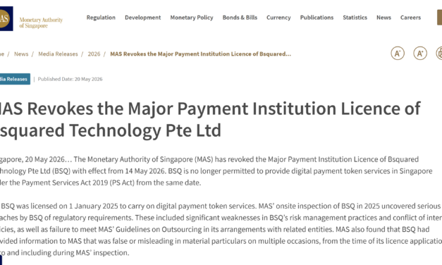 Singapore revokes crypto payment license of Bsquared over regulatory breaches