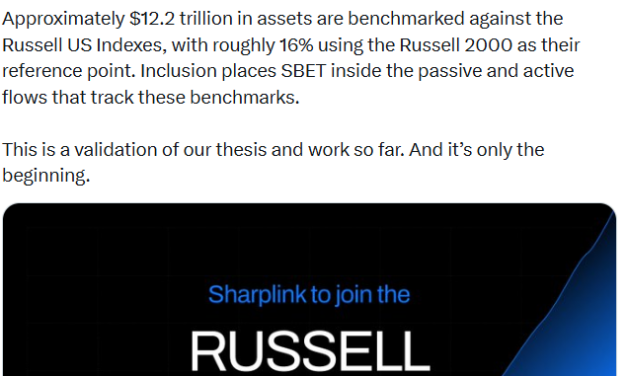 Sharplink, Forward Industries among crypto firms considered for Russell indexes