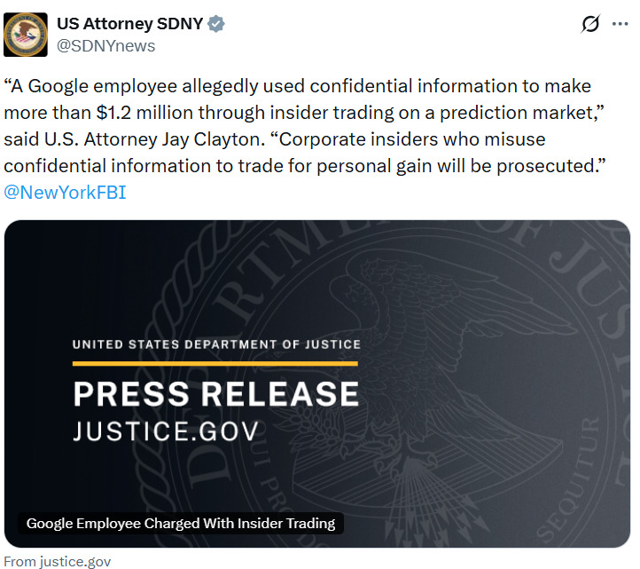 US charges Google employee with insider trading bets on Polymarket