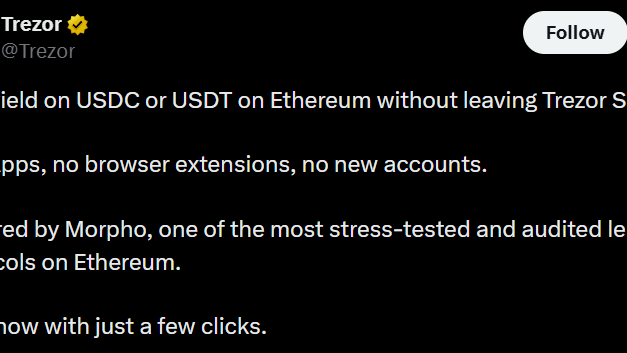 Trezor adds native USDt, USDC yield via Morpho integration
