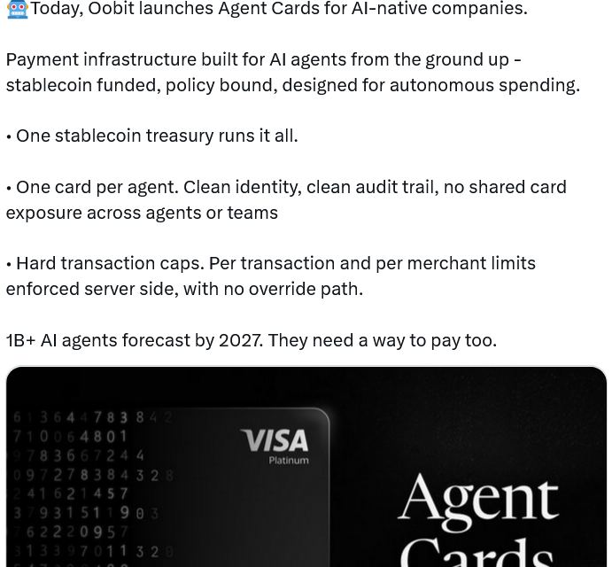 Tether-backed Oobit rolls out virtual Visa cards for AI agent USDT spending
