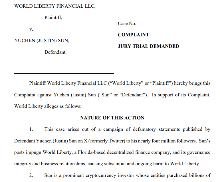 World Liberty sues Justin Sun for defamation in WLFI dispute