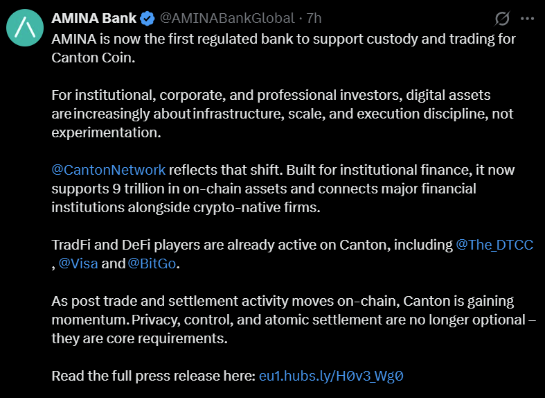 Switzerland's Amina becomes first regulated bank to custody Canton Coin