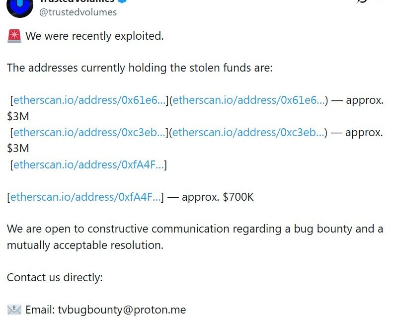 TrustedVolumes hit by $6.7M exploit as 1inch denies breach