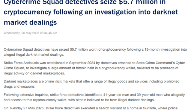Australian police seize $4.1M in Bitcoin tied to darknet market