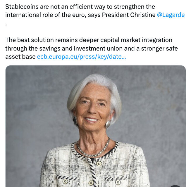 Stablecoins won’t strengthen global role of euro, ECB’s Lagarde says