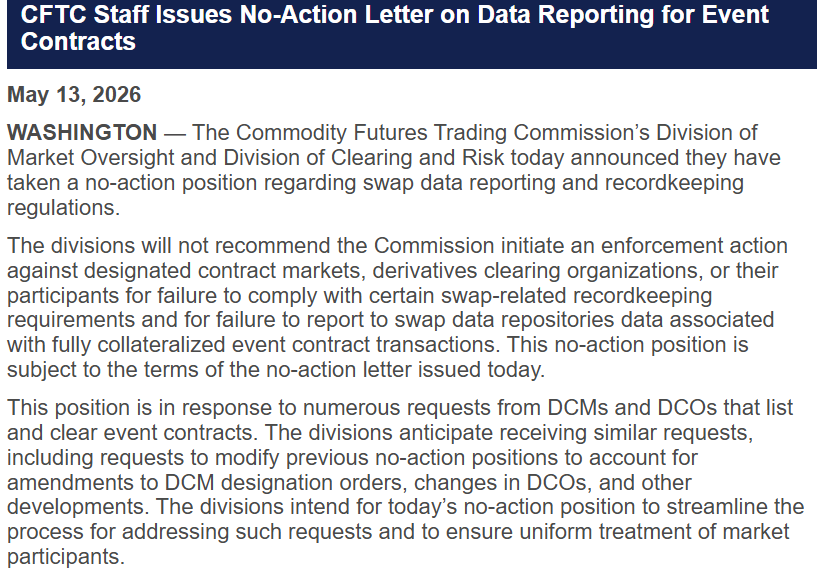 CFTC no-action letter eases event contract reporting rules
