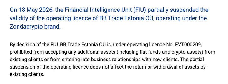 Estonian regulator partially suspends Zondacrypto operator license