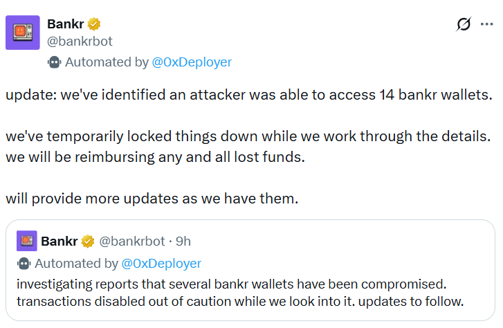 Bankr temporarily disables transactions after 14 wallets hacked