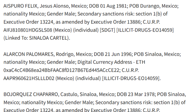 US sanctions Sinaloa cartel-linked Ethereum addresses