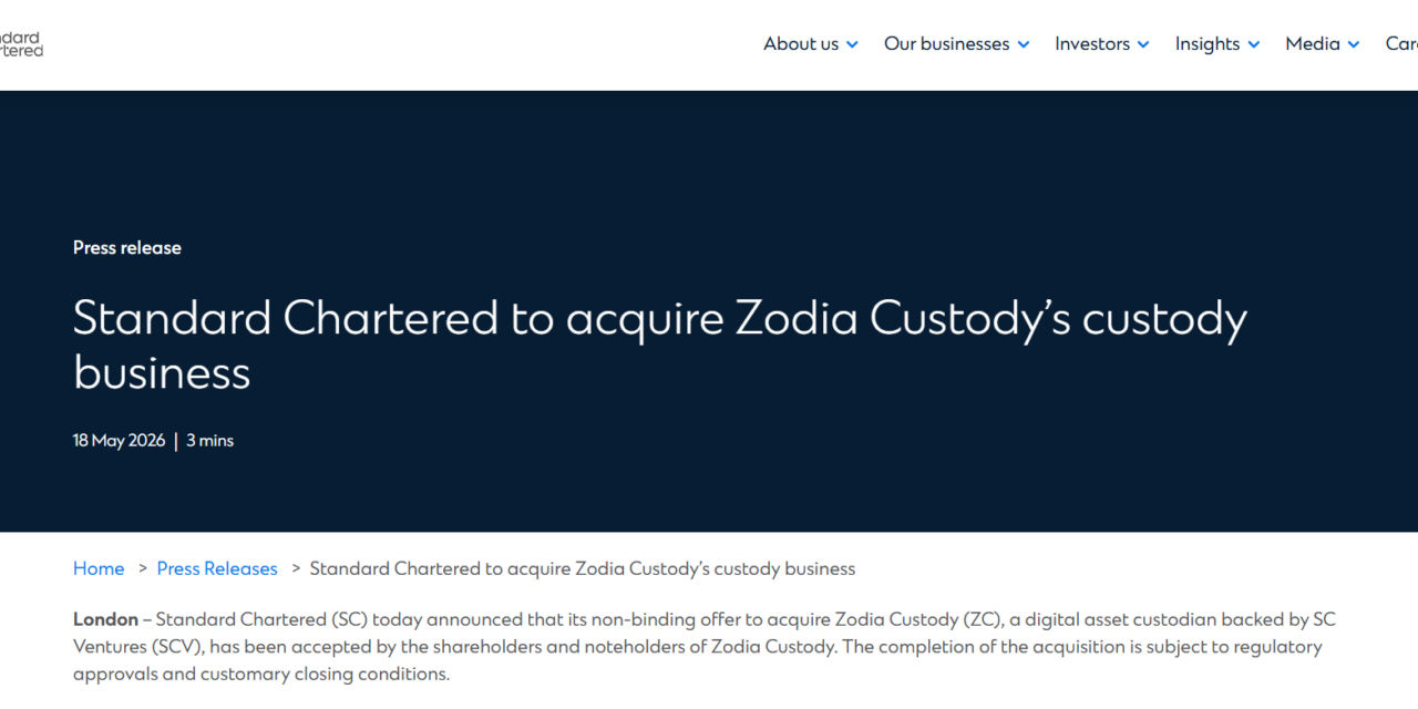 Standard Chartered to absorb Zodia Custody’s core business, spin out Zodia Solutions