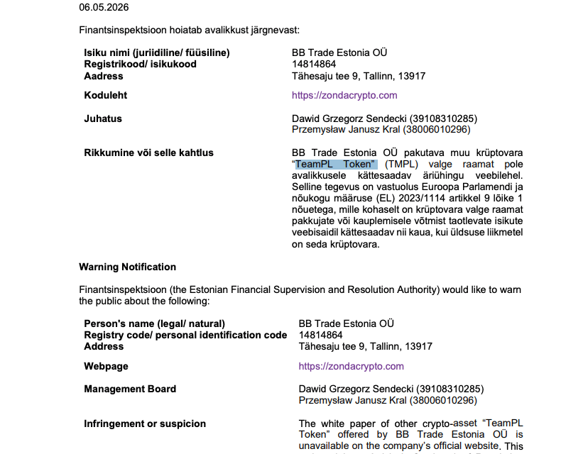 Estonia's FSA issues investor warning about Zondacrypto
