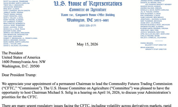 House committee leaders urge Trump to nominate CFTC members, citing CLARITY Act