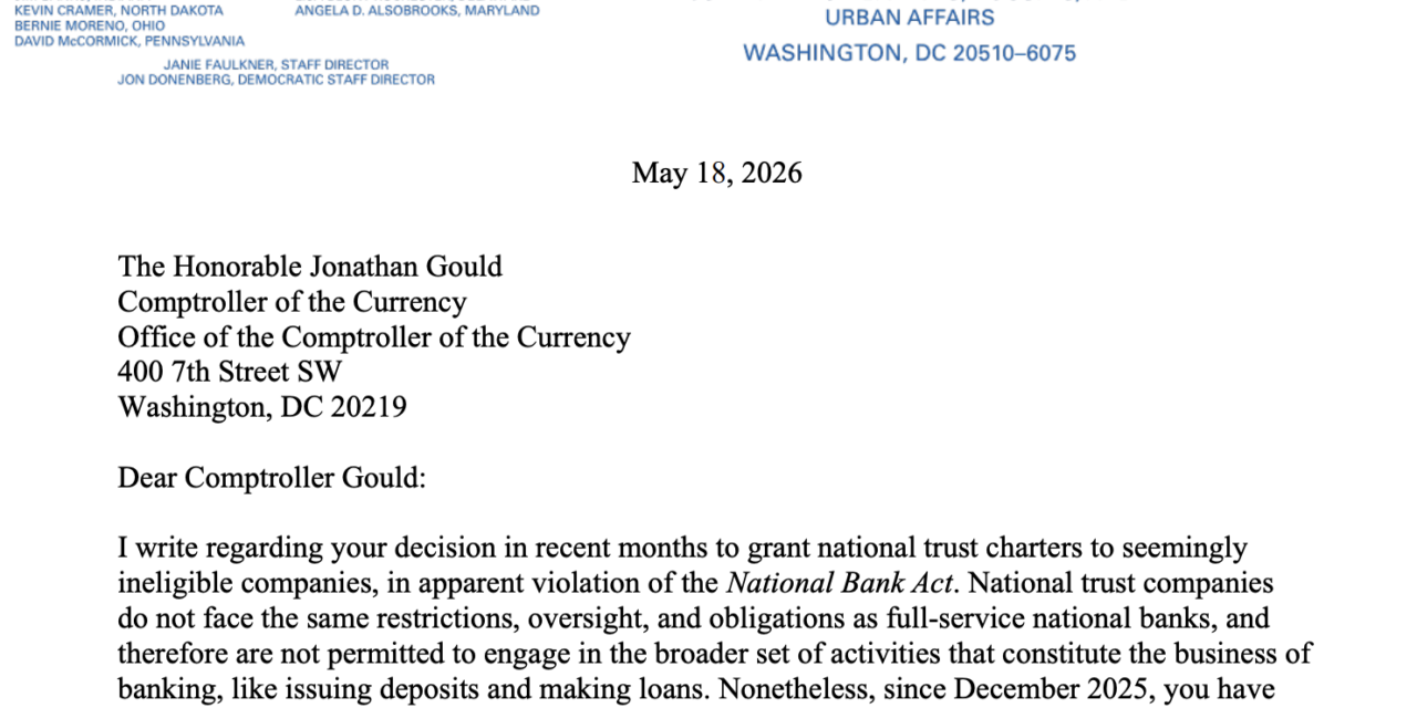 Senator Warren questions OCC chief on approval of ‘ineligible’ crypto trust charters