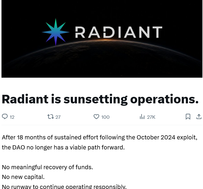 DeFi protocol Radiant to wind down after failing to recover from 2024 hack
