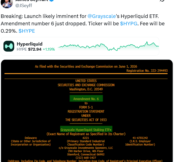 Grayscale HYPE ETF ‘likely imminent’ as new update shows competitive fee: Analyst